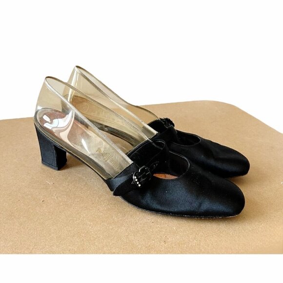 Vintage 60s Herbert Levine Mod Black Satin Clear‎ Vinyl Pumps, Size 7.5 AA - Picture 4 of 14